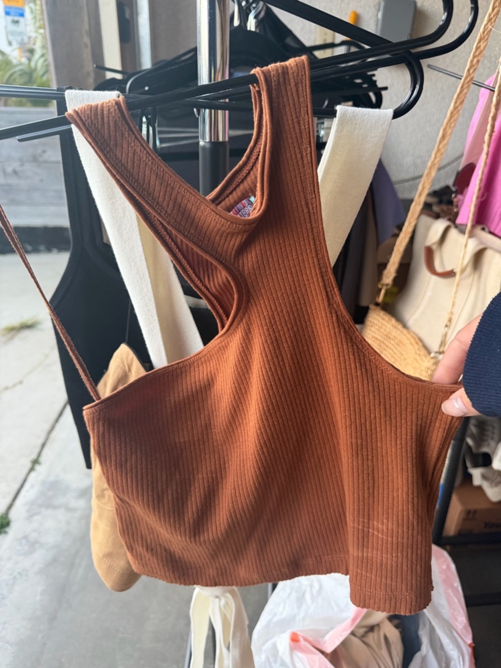 Urban Outfitters Ribbed Asymmetrical Crop Tank Top - Brown